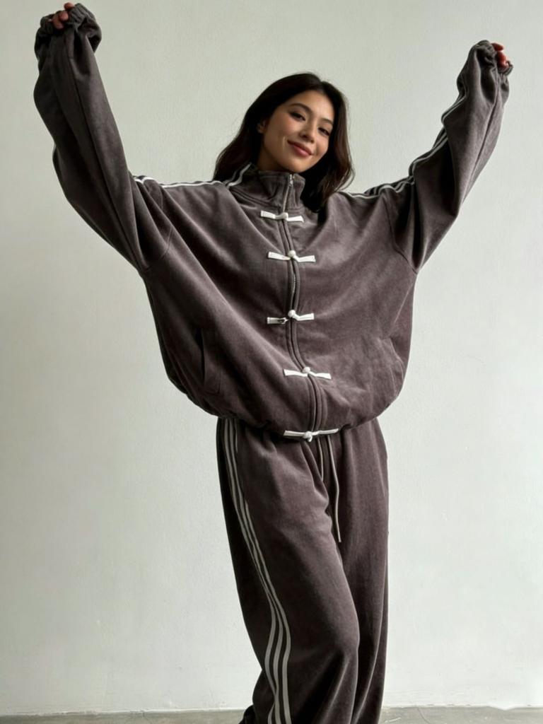 Tuta 2 Pezzi Moda 2026 con Bottone Annodato Giacca Retro con Collo Rialzato Pantaloni Larghi
