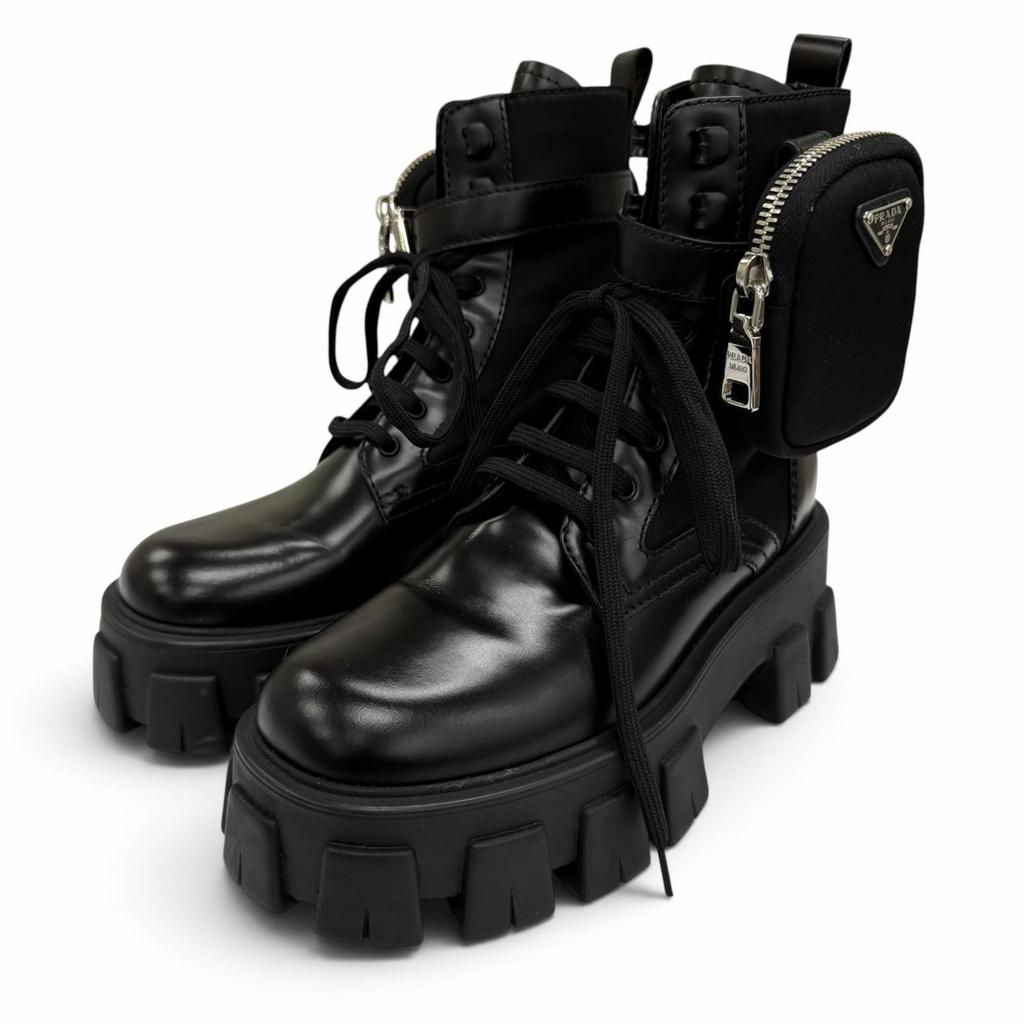 Great PRADA short boots monolith Triangle logo pouch included black leather 35 Used
