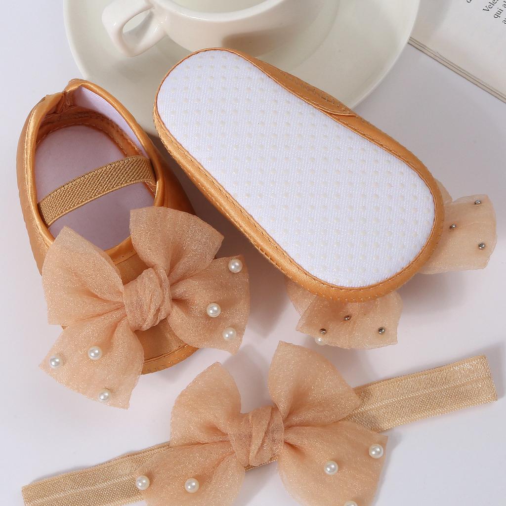 Elegant Lace Pearl Tulle Bow Baby Crib Shoes Matching Stretch Headband Set, Non-Slip Flexible Sole Toddler First Walkers Princess Outfit Accessory