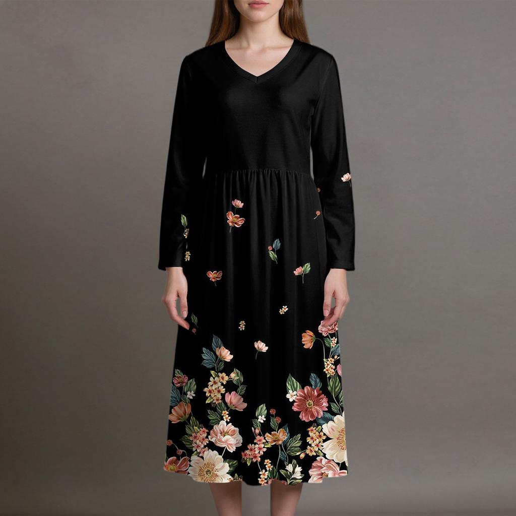 Damska Sukienka Modowa Wiosenna Sukienka z Dekoltem V i Długim Rękawem