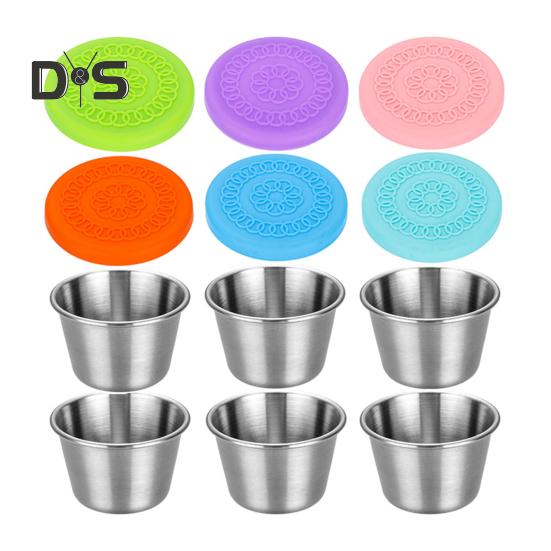 

Набор из 6 чашек для соуса, герметичные контейнеры из нержавеющей стали с силиконовыми крышками, многоразовые чашки для приправ для ланч-боксов, путешествия 70ml 6pcs