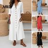 Solid Color Dress Women's Summer Button Down Long Dress, Casual Loose V Women Neck Tunic Roll Up Sleeve Vacation Lounge Outfits Everyday Wear