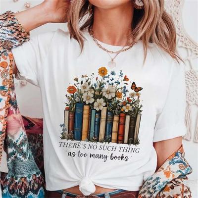 Clothing Women's Short Sleeved T-Shirt Printed Fashionable Cute Retro Flower Top Book Flower Pattern Women's Casual T-Shirt