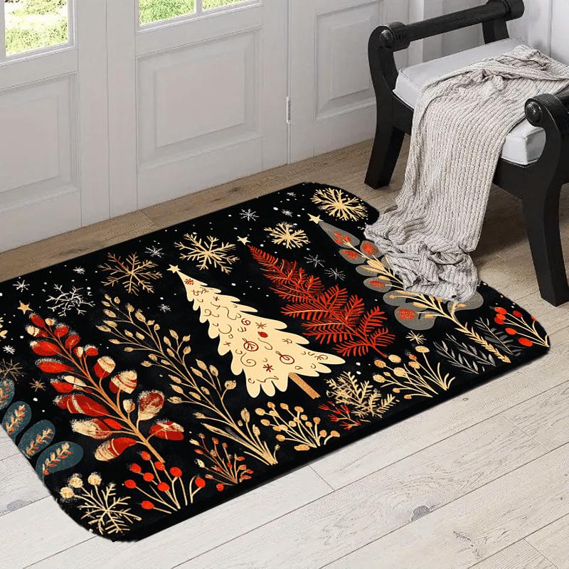 

Folk Art Christmas Tree Rug, Scandinavian Snowflake Pattern Mat with Black Backdrop for Holiday Home Decor 40x60cm