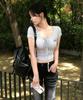 Mucent Sharon Eyelet Lace-Up Rolled Ribbed Slim Fit Short Sleeve T-Shirt (3 Colors)