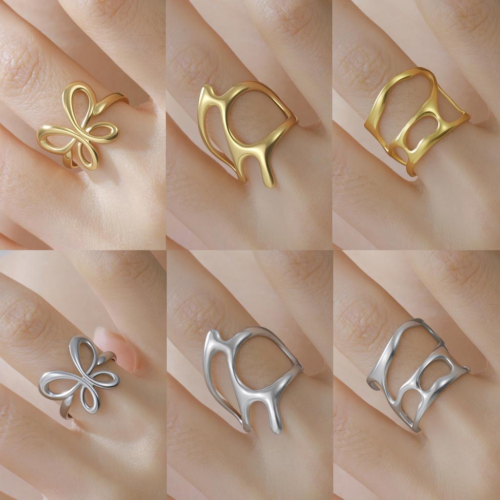  Butterfly Bow Rings for Women Aesthetic Geometric Adjustable Open Ring Stainless Steel Waterproof Jewelry Party Gifts