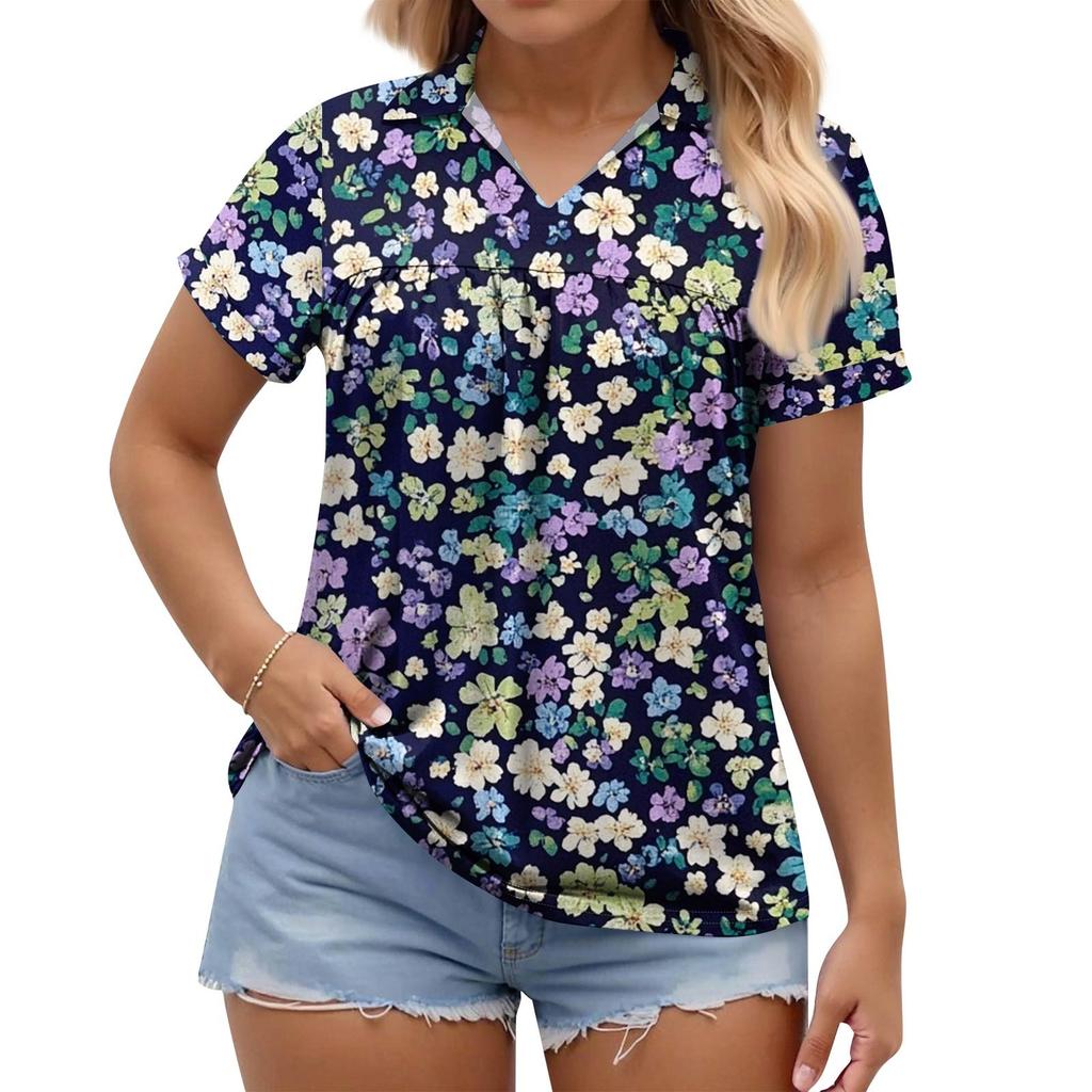 Women's Fashion Casual Printed V-Neck Short Sleeve Large Size T-Shirt Top