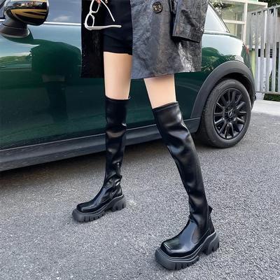 Autumn/Winter Square Head Platform Over-the-Knee Boots Women's Thick Sole Matsutake Slim Shoes Black Sexy Thigh High Boot