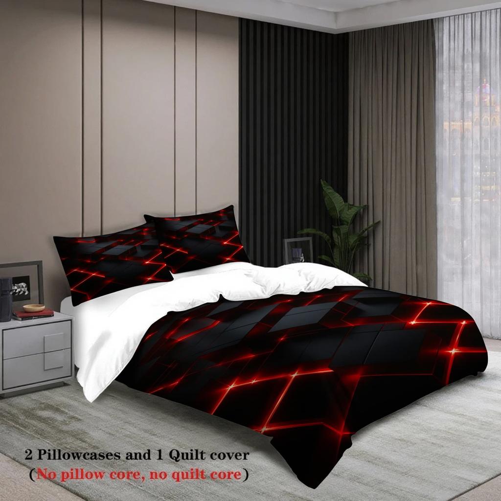 3pcs Red Glowing Geometric Cubes Print Duvet Cover Set – for Kids Gift 100%Polyester, Soft, Breathable for Bedroom Decoration