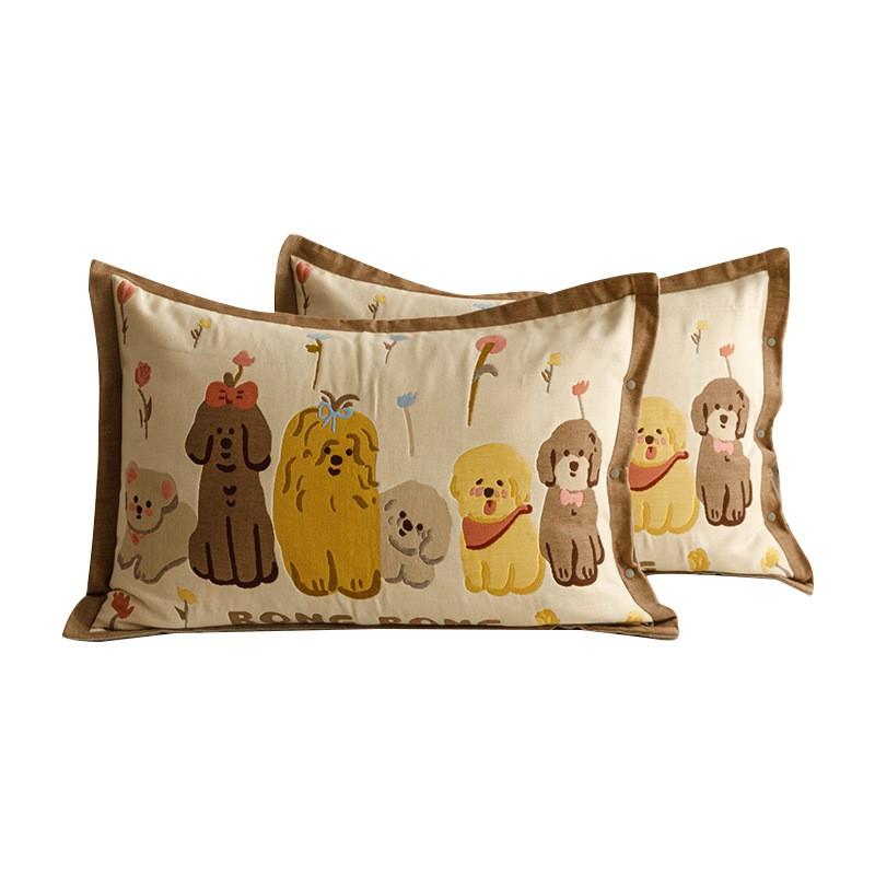 4-Layer Cotton Gauze Pillowcase Set With Cartoon Button Breathable Hotel-Grade Pillow Covers 48x74cm Pair