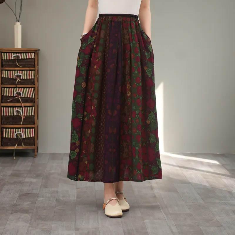 Skirt for Women Casual Vintage Floral Elastic High Waist Long Loose Trousers Stretchy Slim Skirt