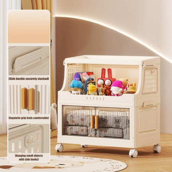 Stackable Collapsible Storage Bins Storage Boxes with Door And Wheels Multi-tier Rolling Organizer with Shelf for Kids Toys Snacks Blanket Pillow