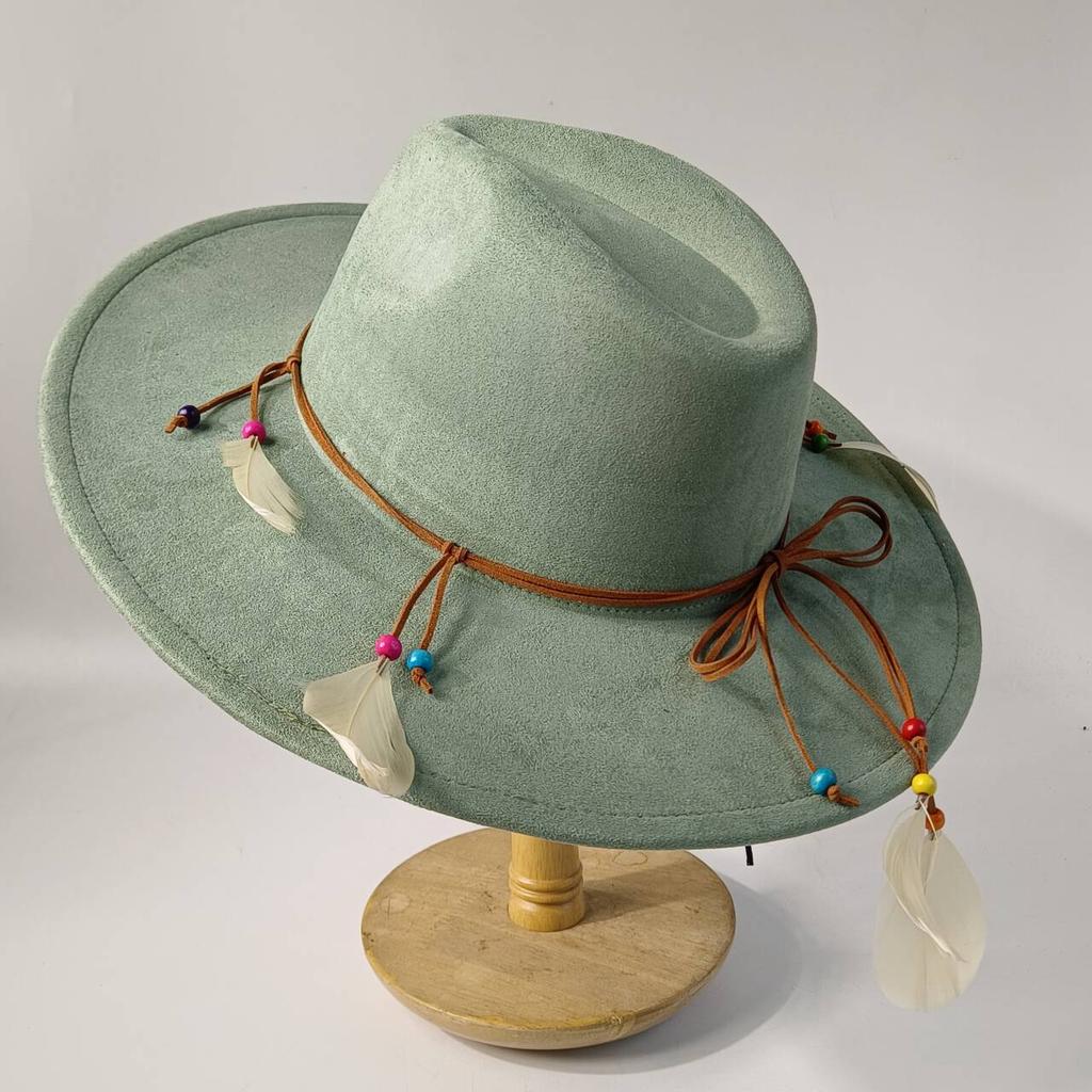 2026Bohemian style suede hat, brim 9.5 cm fedora with feather accessories, classic church hat, wide brim hat, women's hat
