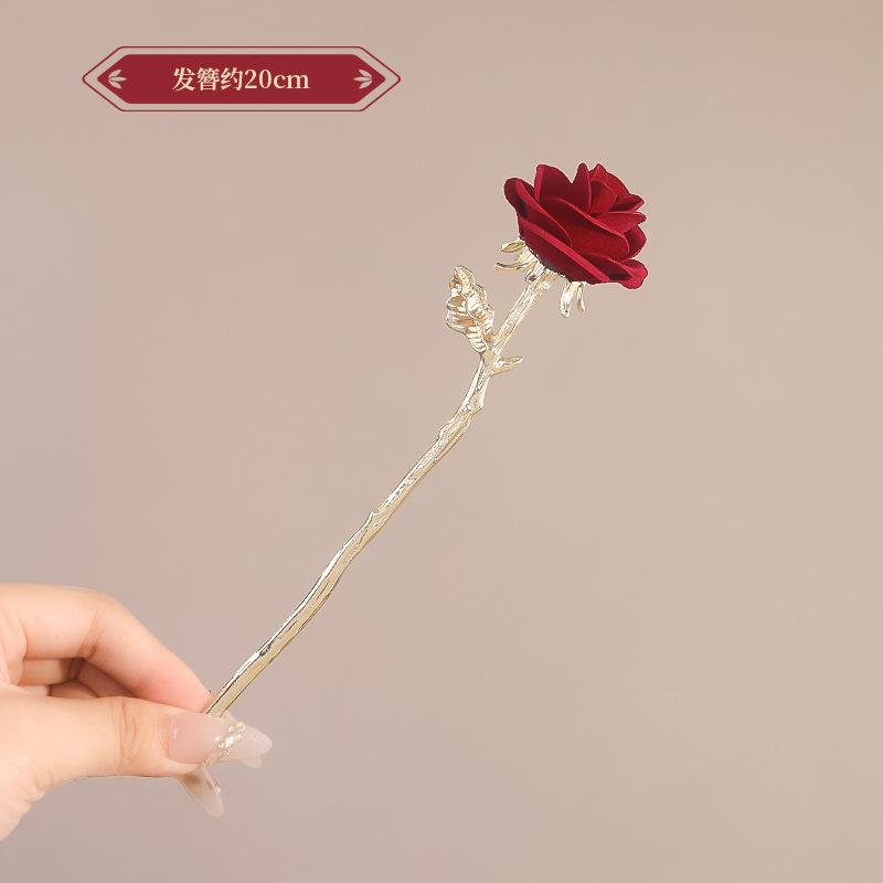 Vintage Chinese Style Rose Hairpin For Women Red Flower Element Tassel Hair Stick Elegant Exquisite Handmade Hair Accessories