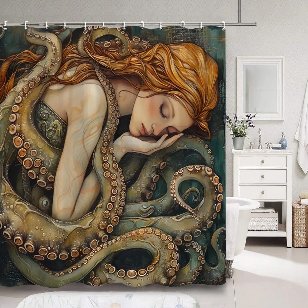 Horror Sea Monster Octopus Shower Curtain Dark Sailboat Ocean Vintage Pirate Ship Wave Polyester Shower Curtains Bathroom Decor