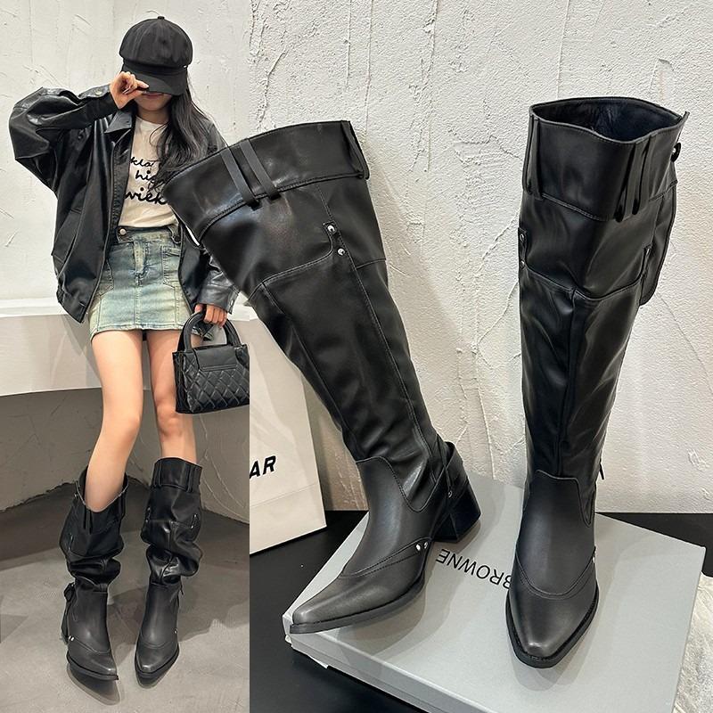 Fashion New Popular Shoes for Women  Knee High Boots Red Black White Tall Boots Woman Pleated Low Heel Casual Leather Female Long Shoes