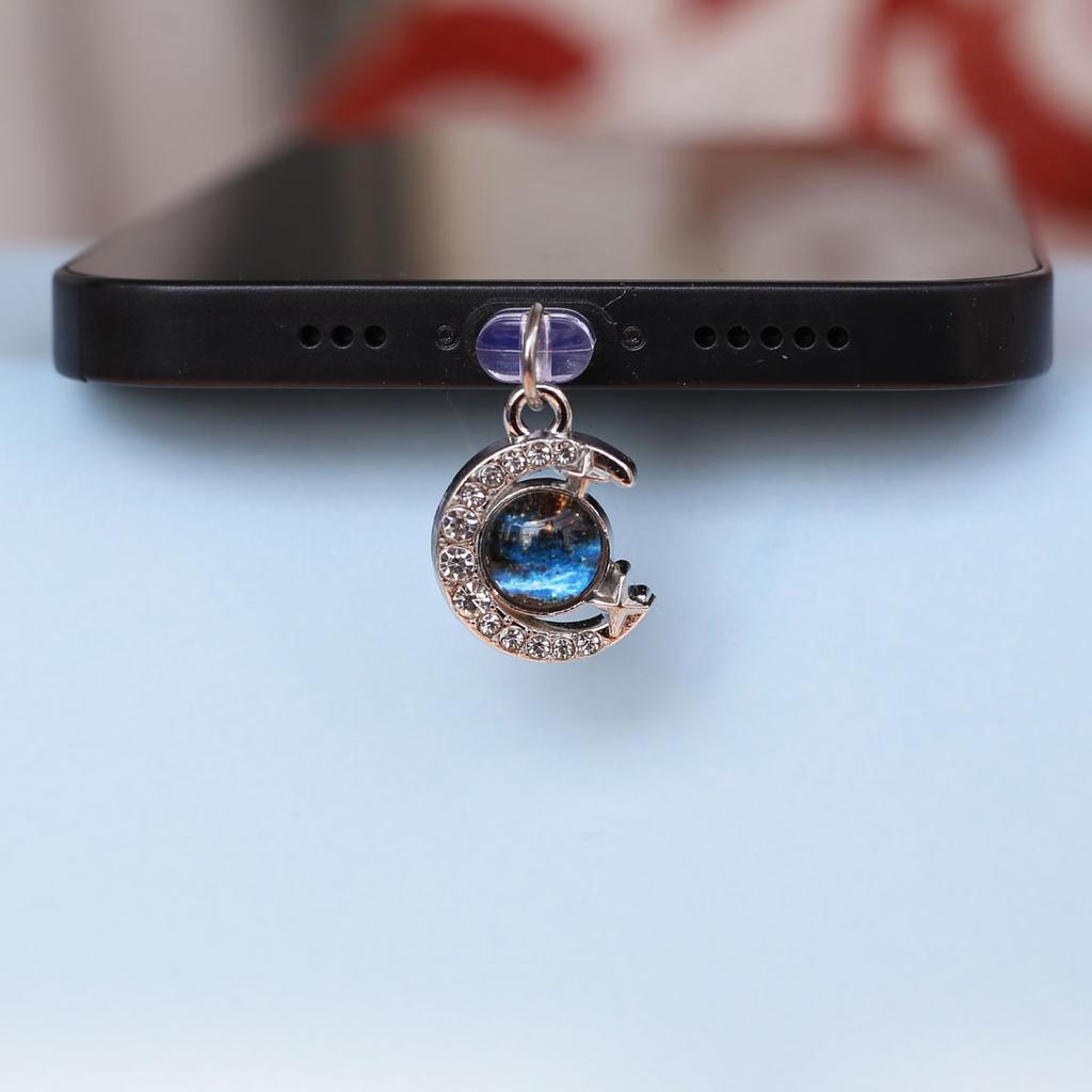 Blue Planet Moon And Star Shaped Mobile Phone Dust Plug Pendant Hanging Decoration Accessories For Iphone Type-c Port Lanyard