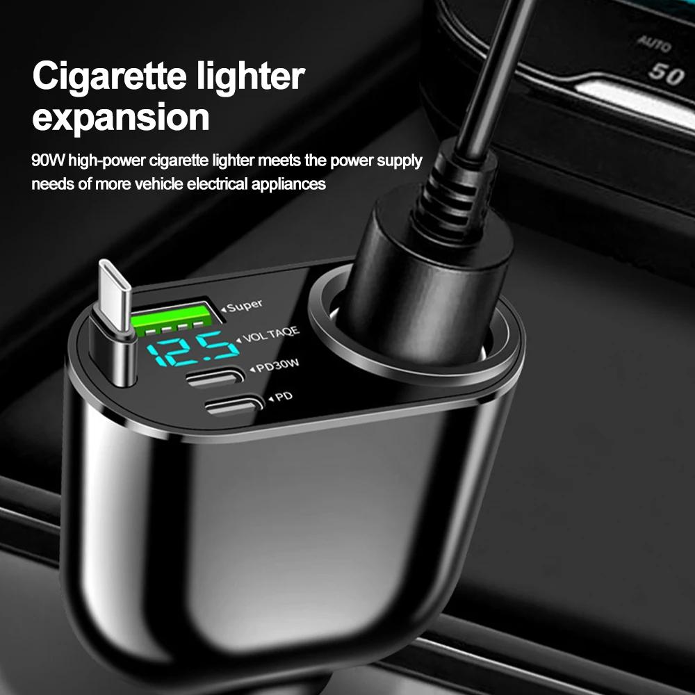 4 In 1 Retractable Car Charger with Voltage Display Cigarette Lighter PD QC 3.0 96W Super Fast Charger for iPhone Huawei Sumsung