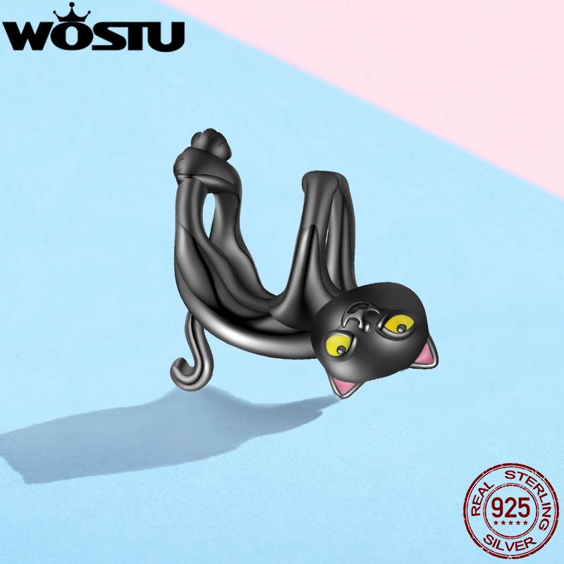 WOSTU 100% 925 Silver Cute Kitty Black Cat Charms Animal Bead for Women Fit DIY Bracelet Necklace Jewelry Gift