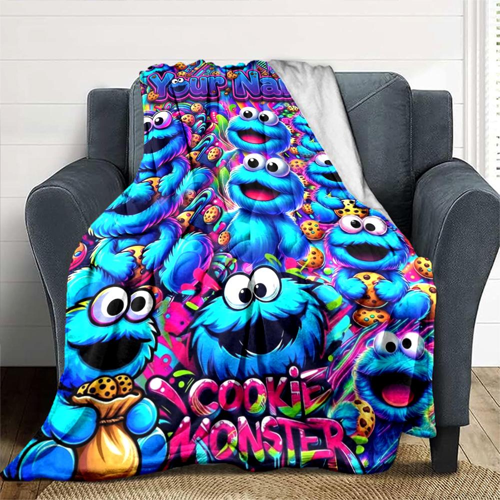 Name Custom Cookie Monster Print Flannel Blanket High Quality Warm Comfortable Cover for All Seasons Perfect for Gifts Home Decor