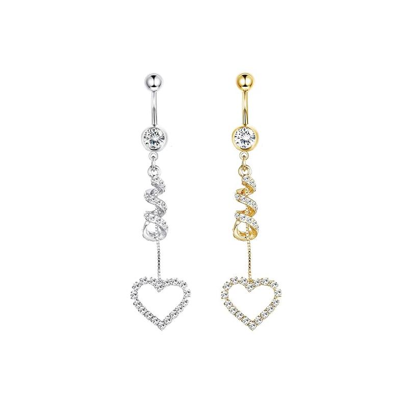 Butterfly-bow Dangled Navel Ring Piercing 14G Flower Heart Crystal CZs Belly Button Ring for Women Stainless Steel Belly Jewelry