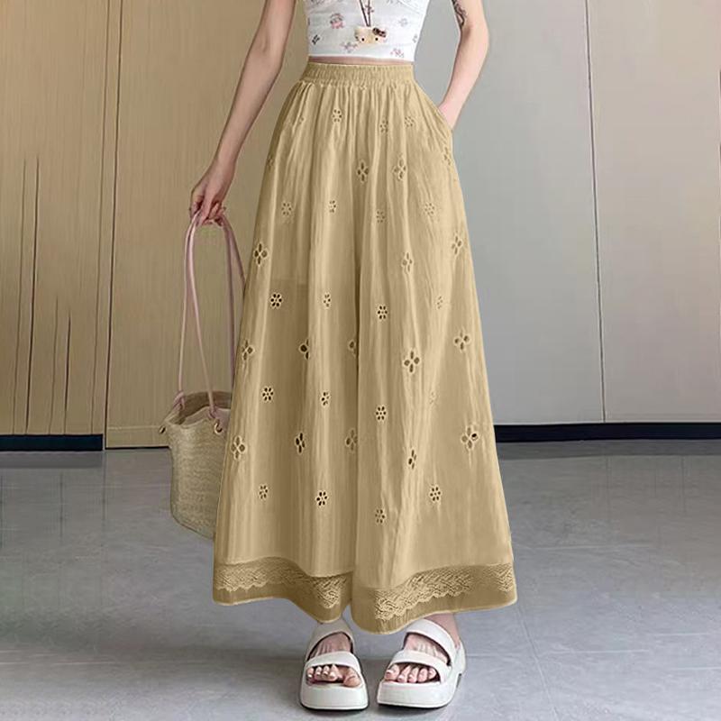 

ZANZEA Жіночі повсякденні штани з еластичною талією, широкими штанинами, в язаним гачком печворком 4XL хакі