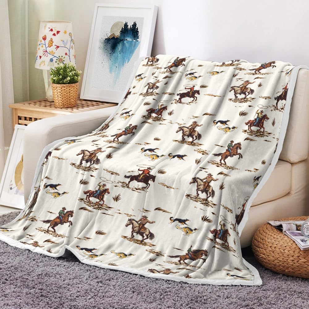 Westliche Cowboy-Decke, Vintage Cowboy reitet Pferd West-Thema Weiche Überwurfdecke für Jungen, Bauernhaus Land Amerikanisches Flanell Bla