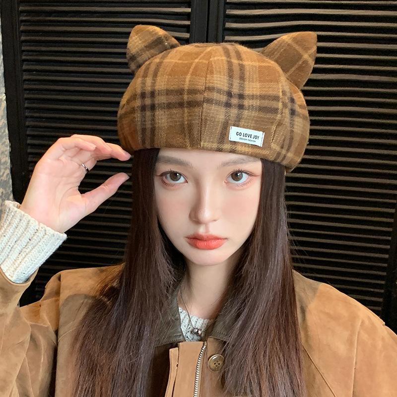 British Style Beret Autumn and Winter Hat Women's Cat Ears Cute Octagonal Hat Fashionable Versatile Painter Hat