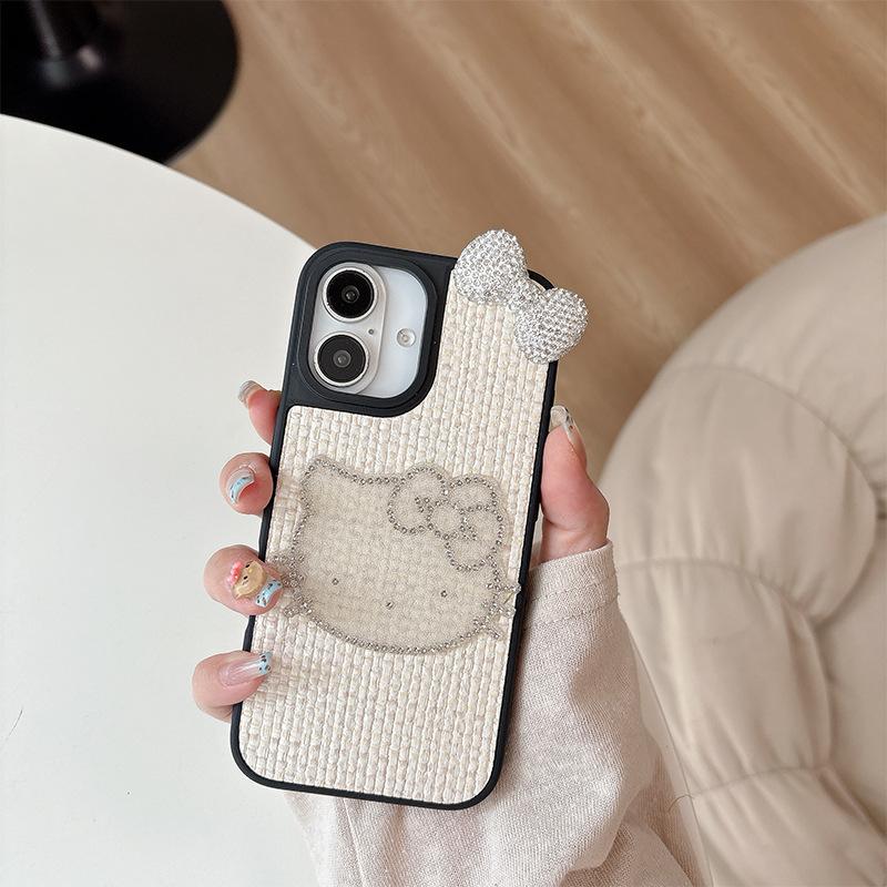 Rhinestone Kt Cat Mobile Phone Case Is Suitable For Apple 17 Leather Pattern Iphone16Promax Bow Tie 15 Women'S Anti-Drop.