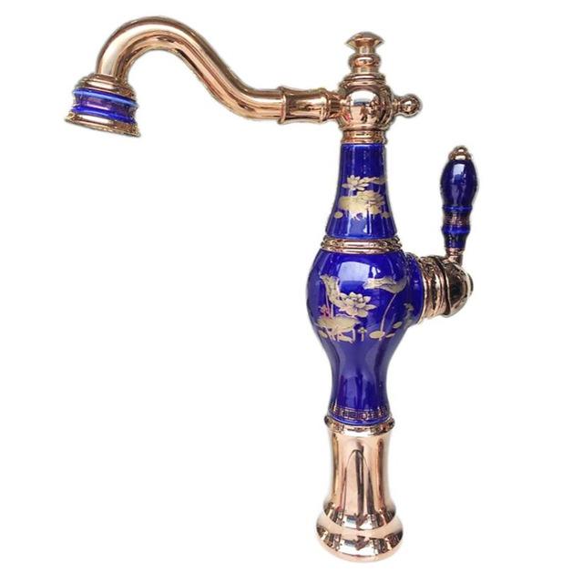 Brass Ceramic Basin Rose Gold Sink Faucet Tall Artwork Vase Bathroom Faucet Water Tap Hot and Cold Mixer Tap Basin Faucet