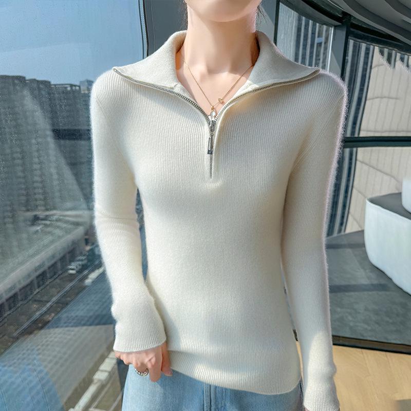 2025 Autumn/Winter Women's Slim Fit Striped Half-Zip Lapel Wool Knit Sweater