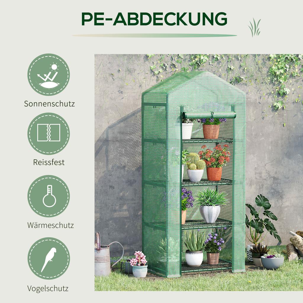 4 Tier Mini Portable Greenhouse Compact Plant Grow Shed Metal Frame PE Cover with Lockable Rolling Wheels, Green