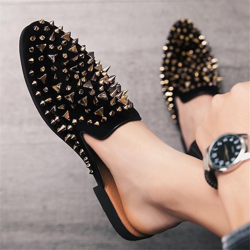 New Men's Half Slippers Hip Hop Punk Rivet Rhinestone Shoes Slip On Casual Mules Moccasins Breathable Loafers Zapatos Hombre