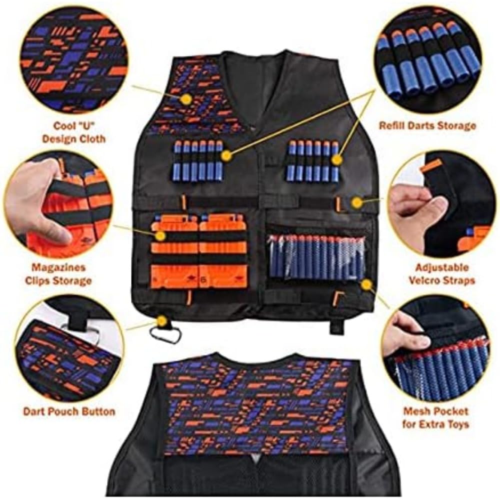 Kit Vestă Tactică pentru Pistoale Nerf pentru Băieți N Ochelari de Protecție Reîncărcabili pentru 2 Bucăți [NexPon] Strike, Gloanțe, Mască, Clipsuri, Copii,