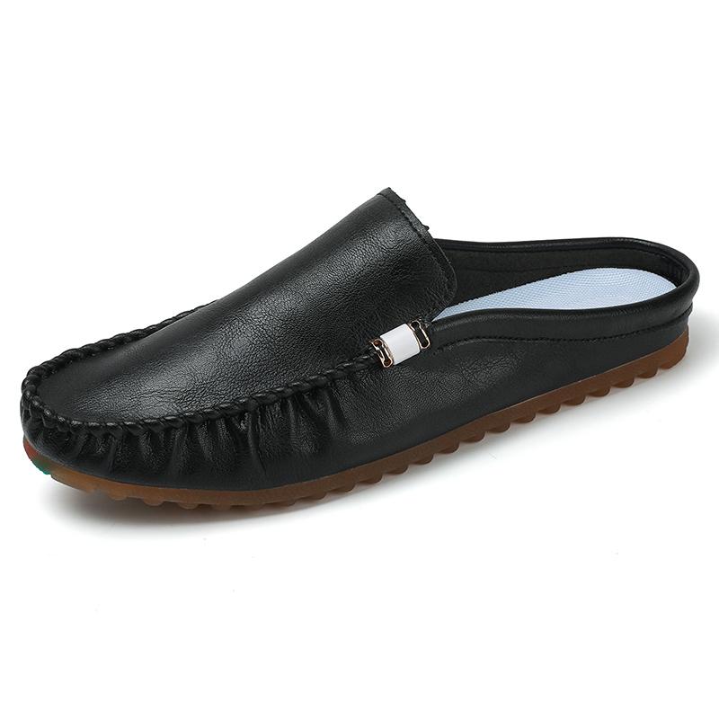 Fashion Handmade Casual Leather Slippers Men Summer Beach Slides Sandals Fashionable Outdoor Male Muller Shoes Non Slip Comfy Half Drag
