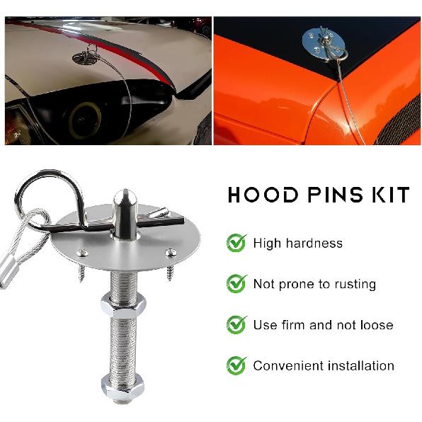 2 PCS Stainless Steel Car Hood P Kit, Quick Release Hood Cover Pin Lock Appearance Kit With Racing Lanyard, Universal Engine Bumper Bonnet Pin For
