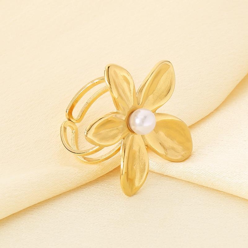 Exaggerated Inlaid Pearl Flower Stainless Steel Open Ring - European & American Geometric Spiral Design