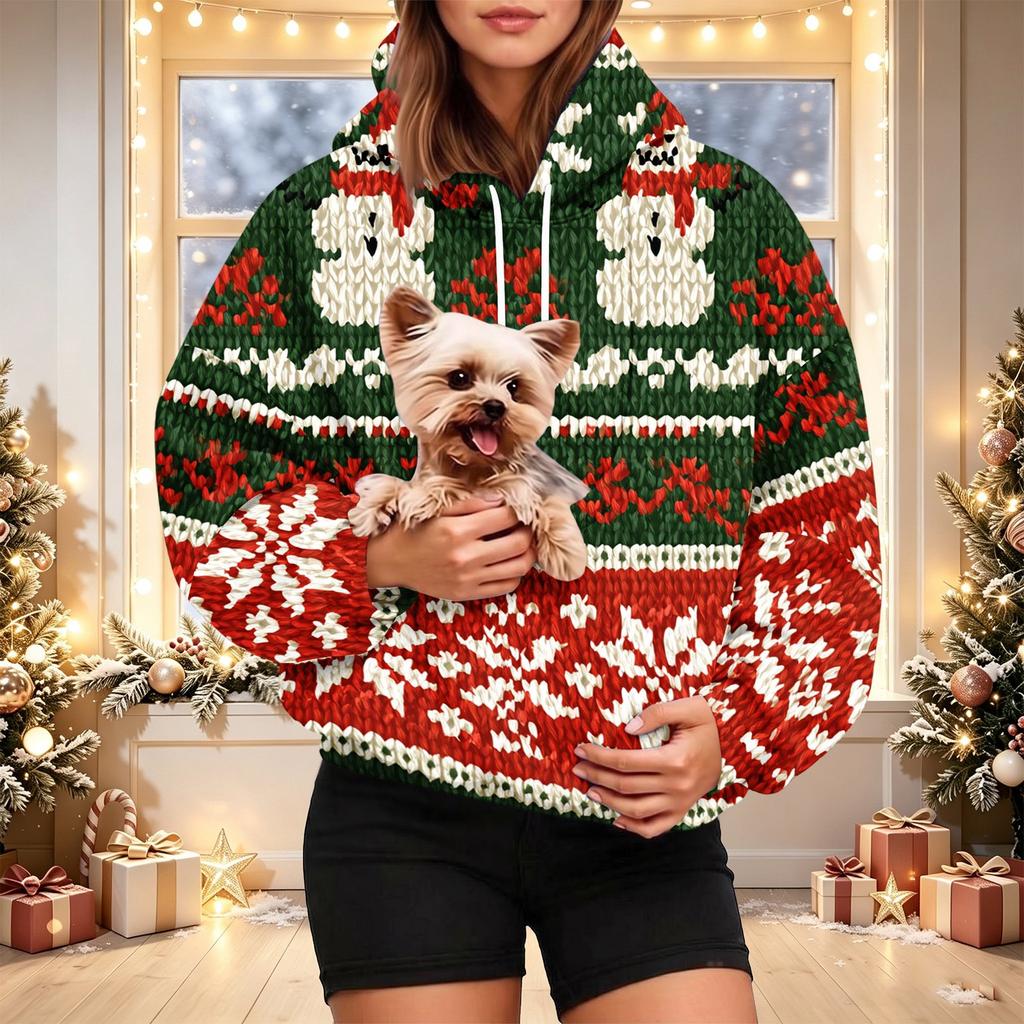 Damen Mode Kariertes Kapuzensweatshirt mit Tier Tasche, Lässiger Pullover Hoodie