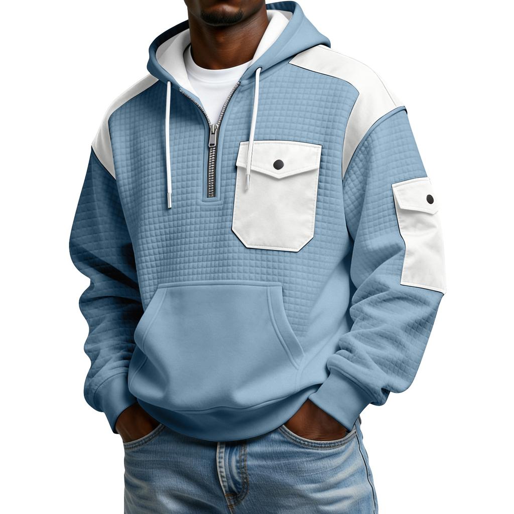 Men's Winter Color Blocked Button-Down Collar Multi-Pocket Hoodie Men's Sports Plus Size Casual Sweatshirt