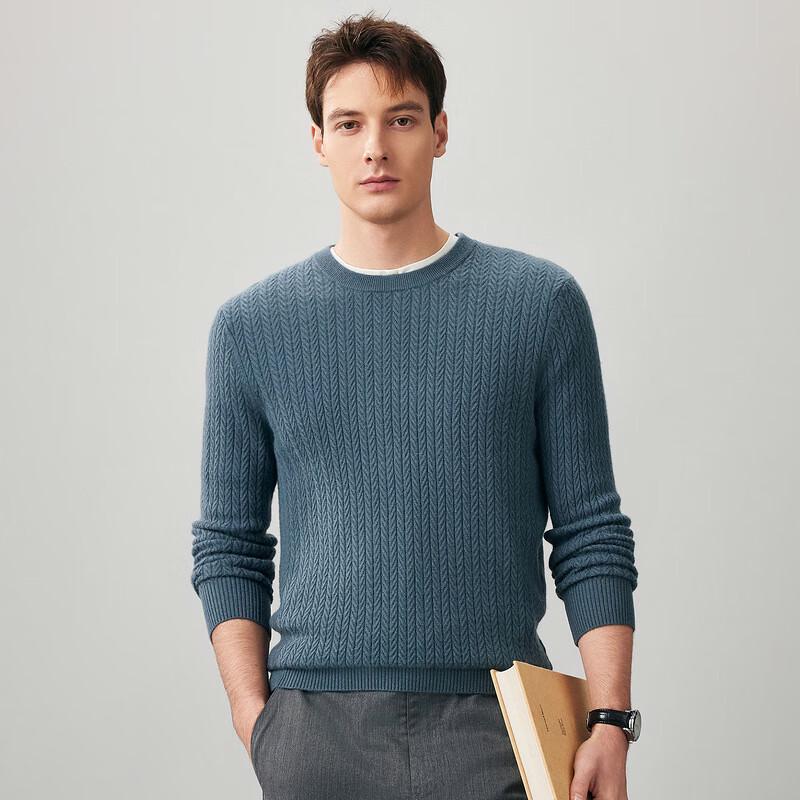 Comonboca Men's 100% Cashmere Round Neck Cable Knit Sweater