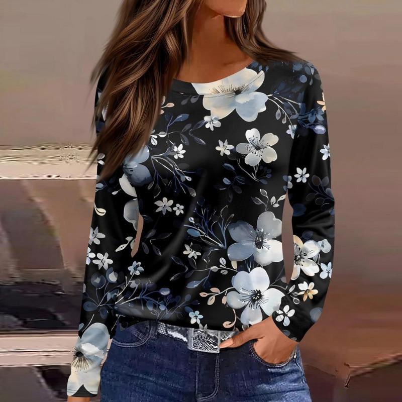 Women's T-shirt 3D Petals Falling Print Fashion Long Sleeve Round Neck Regular Top Holiday Weekend Spring and Autumn Clothing