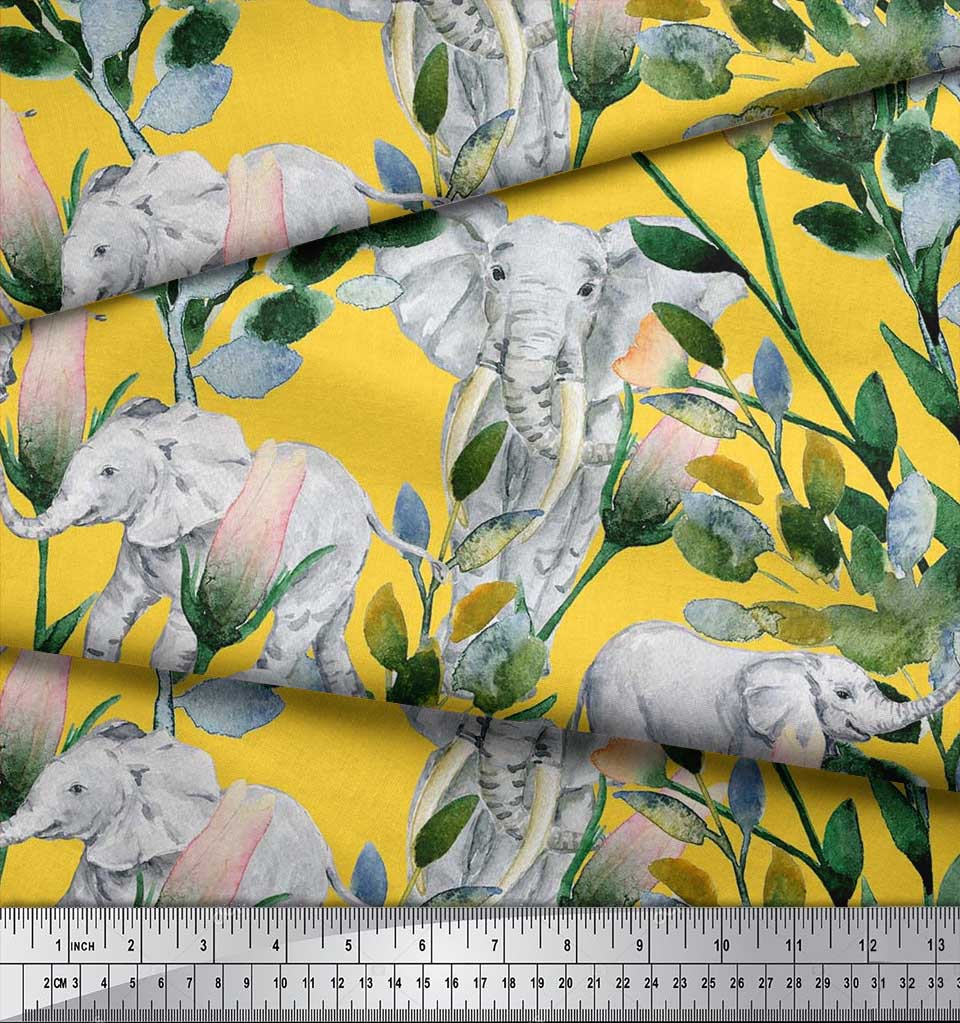 Soimoi Japan Crepe Satin Fabric Leaves,Floral & Elephant Animal Printed Craft Fabric by the metre 42 Inch