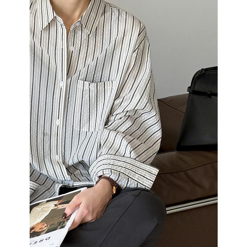 Tachibana, spring new Korean minimalist striped shirt, long-sleeved loose casual retro lapel shirt 111111