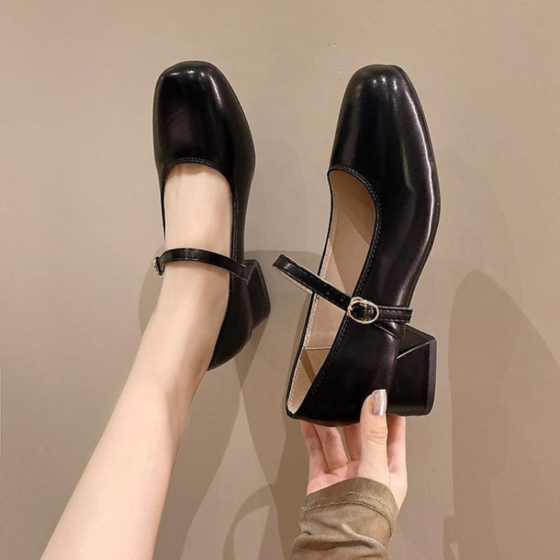 Soft Leather Mary Jane Shoes Women's Autumn New Square Heel Single Shoes Fashion with Skirt Square Head Medium Heel Small Leather Shoes
