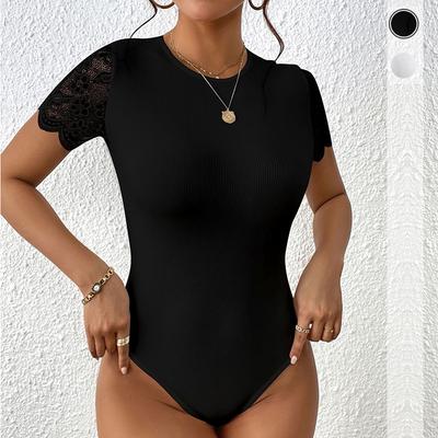 Damen Spitzen-Patchwork Eng Schwarz Sexy Elegant Temperament Einfarbig Langärmliger Spitzen-Jumpsuit