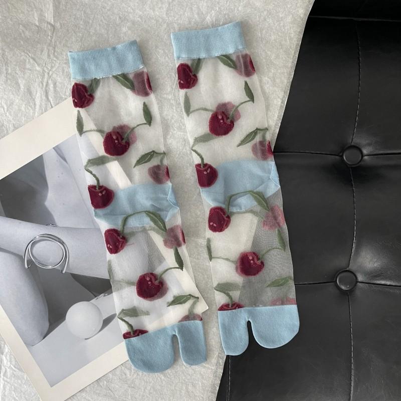 Ultra-Thin Transparent Woman Split Toe Socks Red Cherry Pattern Summer Crystal Silk Hollow Out Sheer Two-Toed Japanese Tabi Sox