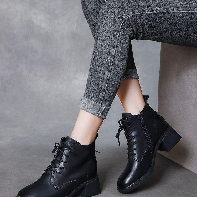 Kožené kotníkové boty na robustním podpatku v korejském stylu: Podzim/Zima Britské šněrovací retro martensky