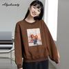 Koreanischer Stil Herbst Winter Damen Braun Kapuzenpullover O-Ausschnitt Blumendruck Lässig Locker Fleece Pullover Baggy Vintage Damen Basic Sweatshirt