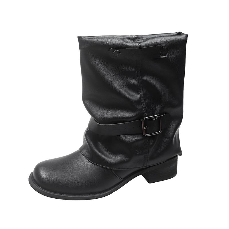Fashion Pleated Buckle Knight Boots for Women Autumn Brown PU Leather Mid Calf Boots Woman Slip-On Thick Heel Riding Botas Mujer 2025