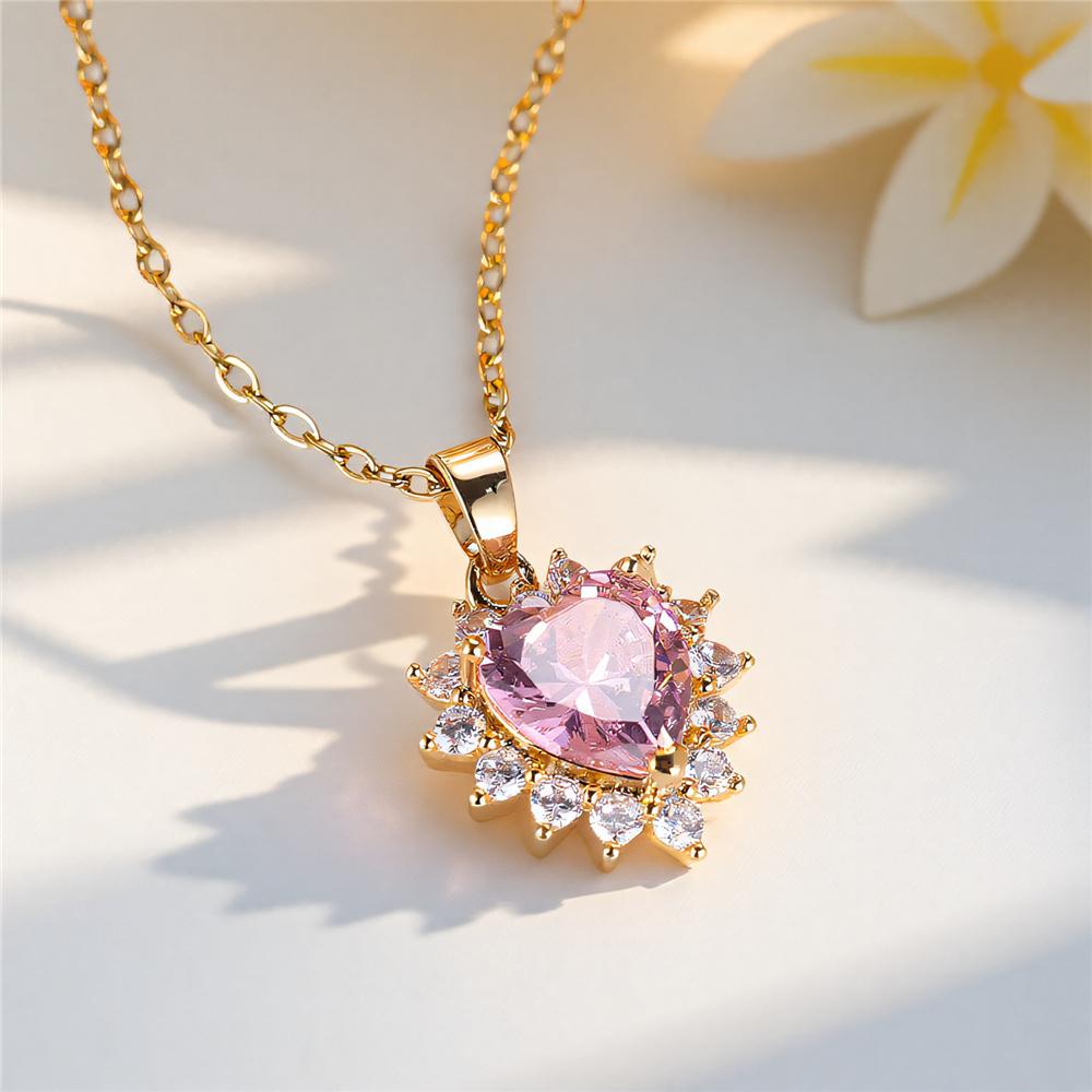 Female Crystal Zircon Pink Stone Love Heart Pendant Necklace Vintage Gold Color Wedding  For Women